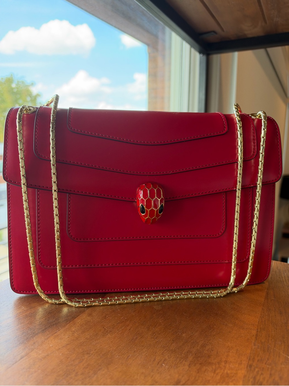 Tiffany and Fred Paris Red Leather Shoulder Bag with Gold Chain